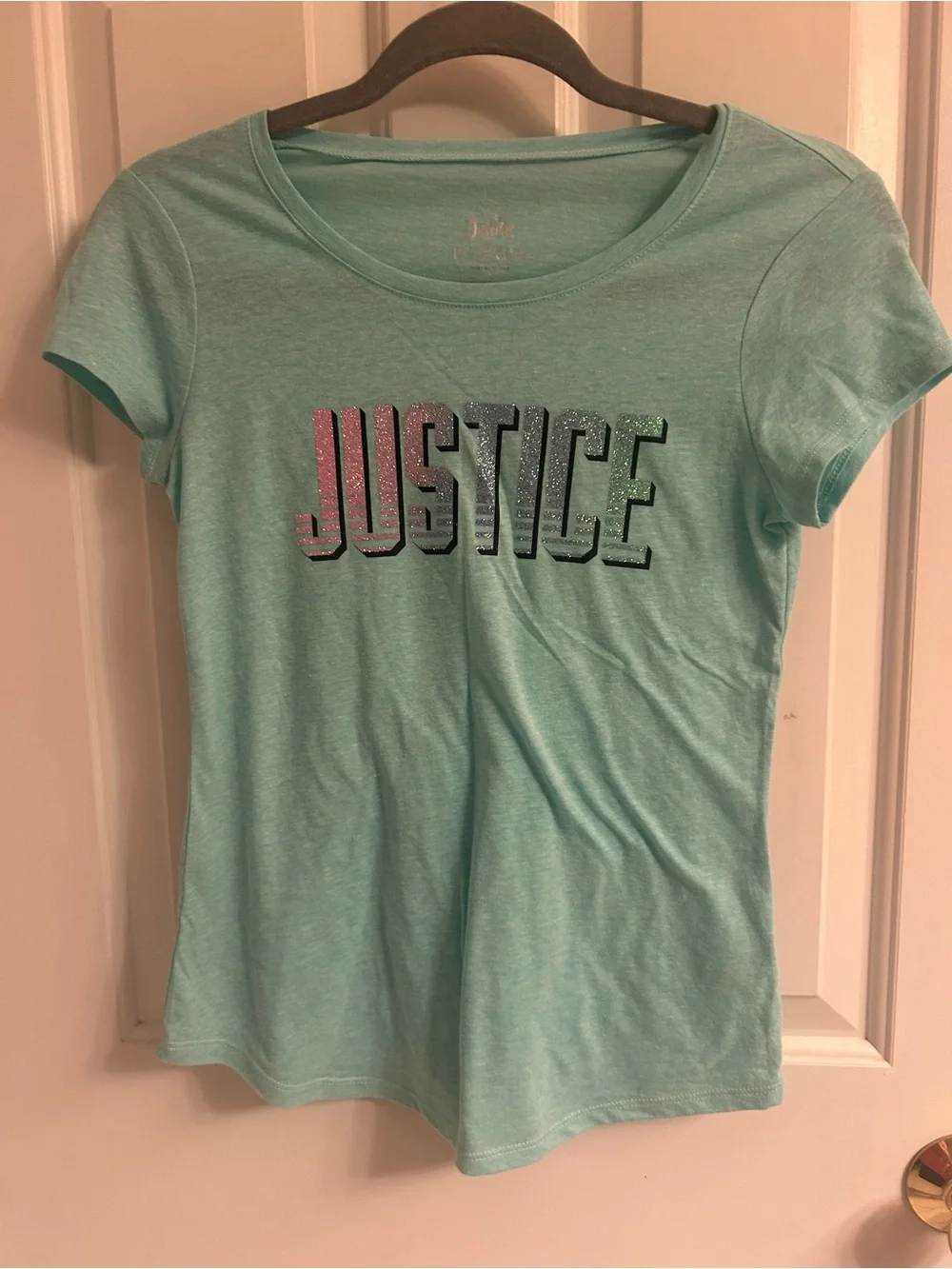 NWT- Girls Justice Mint Green Tee with Pink-to-Silver Glitter Logo